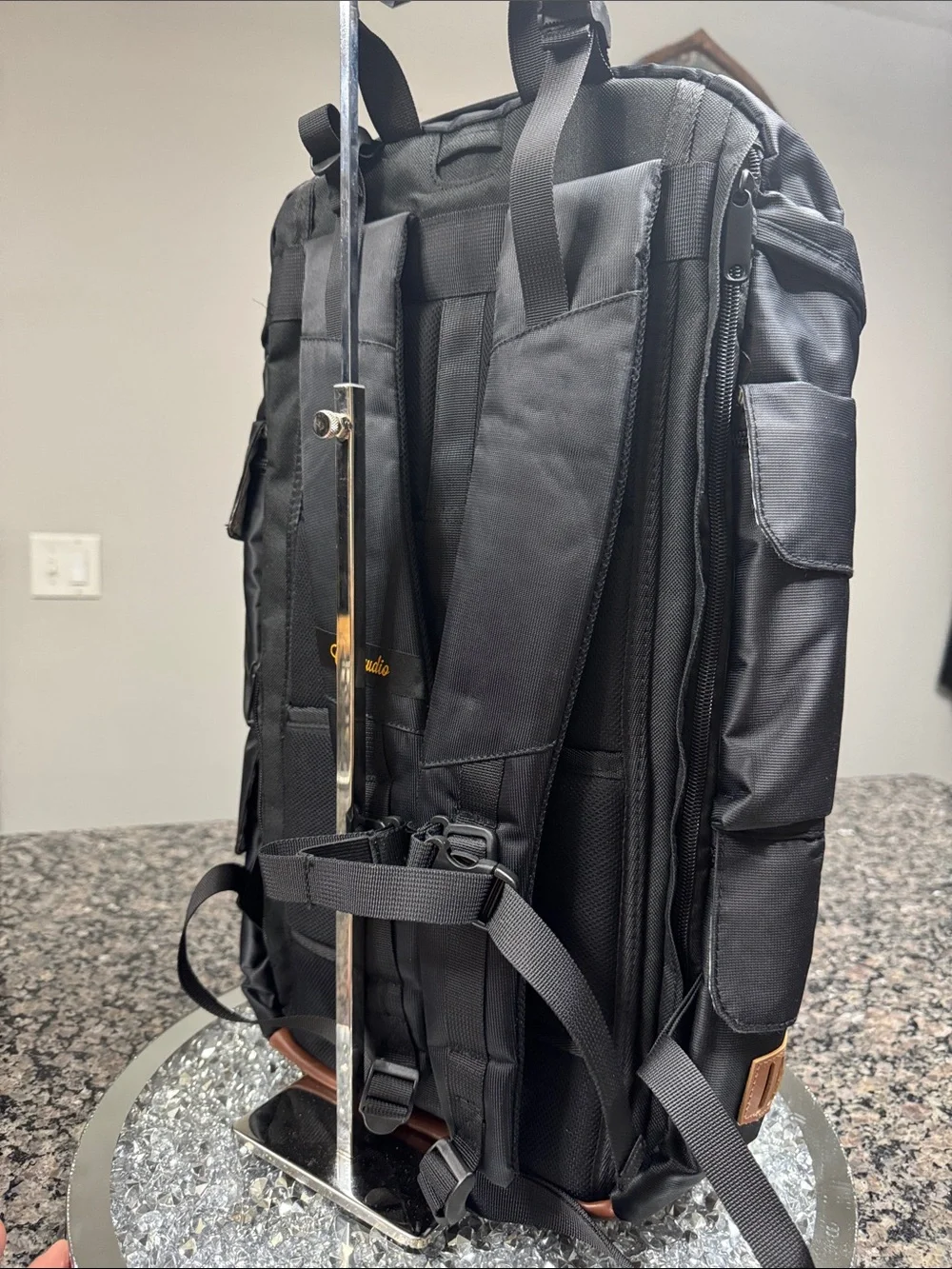 Storm dude Black Men's laptop Backpack with Brown Leather Trim NWT